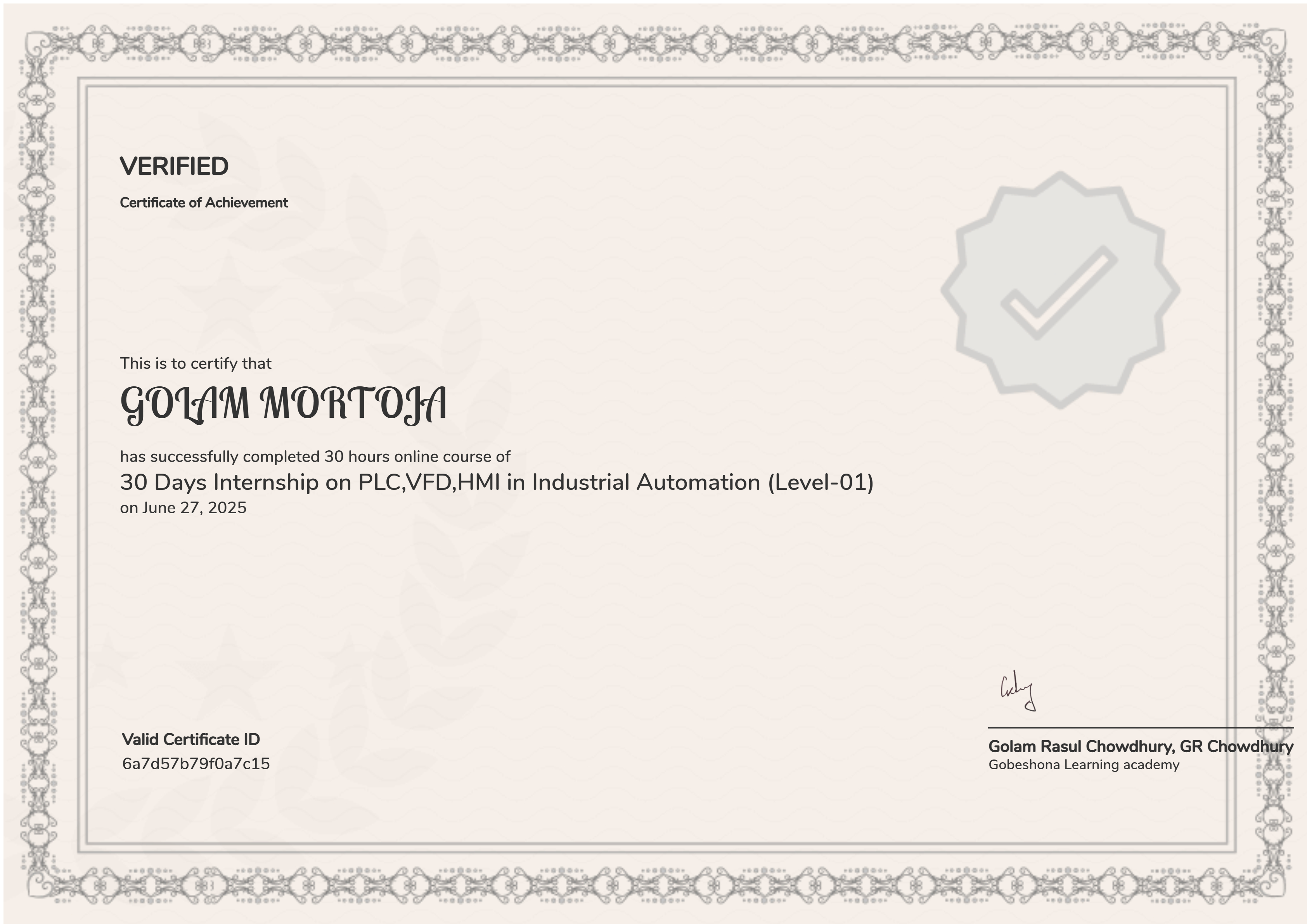 30 Days Internship on PLC,VFD,HMI in Industrial Automation (Level-01)